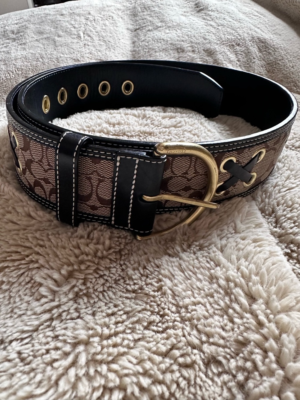 Coach Classic Signature Brown Patch Belt With Lace Belt with Gold Accents